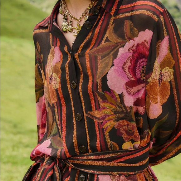 Farm Rio Black Chenille Flowers Belted Long Sleeve Mini Dress NWT Size Medium - Picture 2 of 5